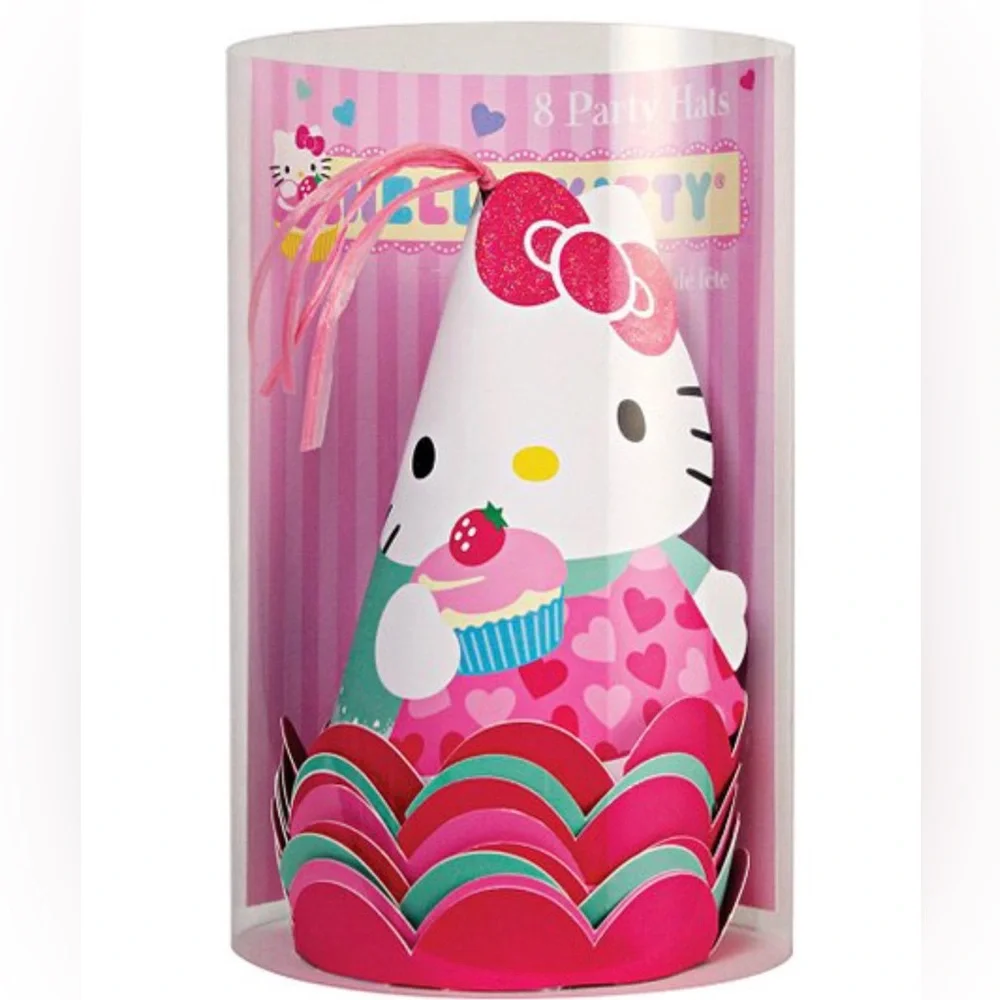 Hello Kitty 8 party hat set NEW 3 D hats with sparkle tops & ribbon tassel Cute